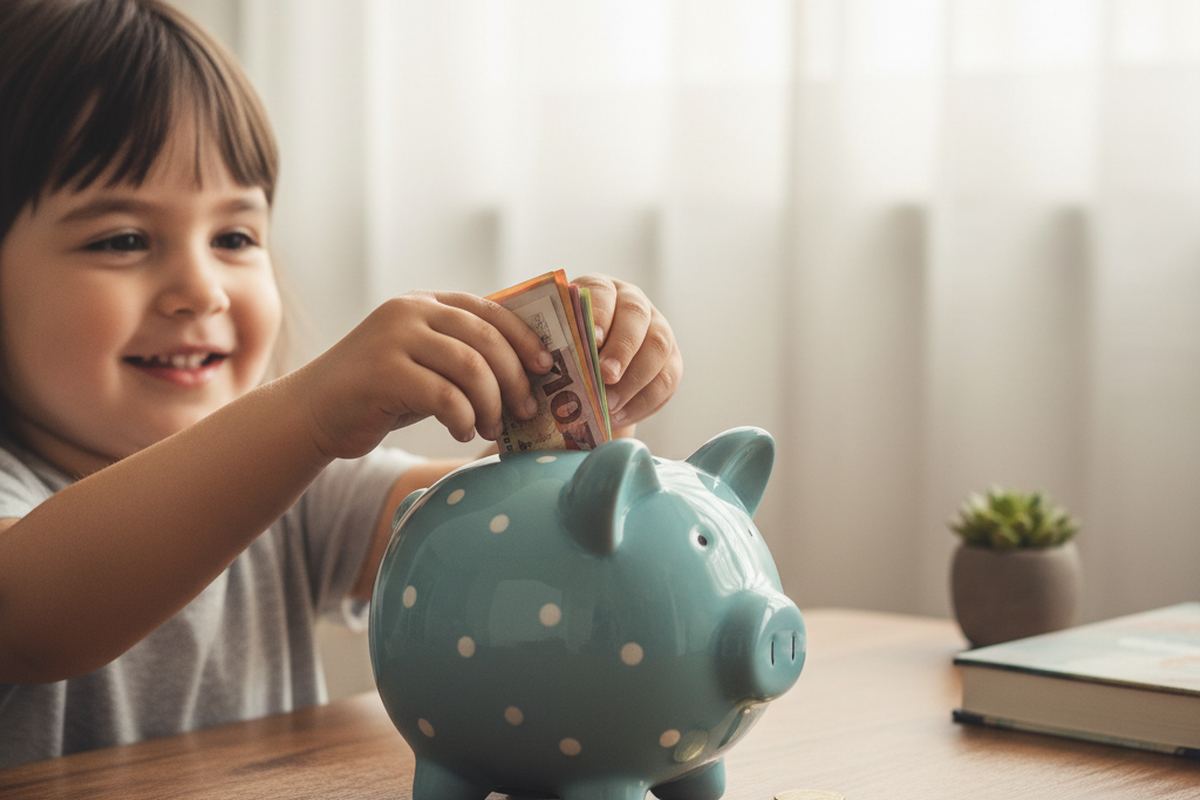 Kid putting money in piggy bank