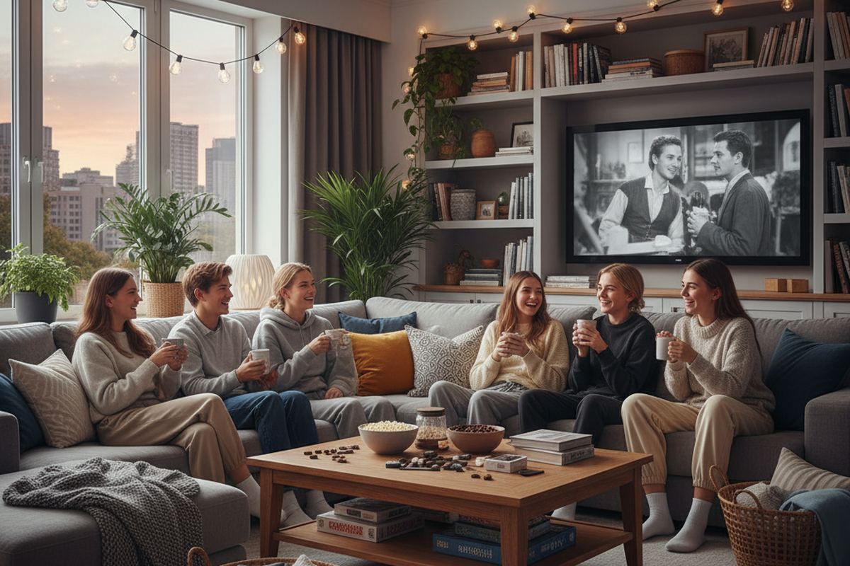 Teens at a movie night party