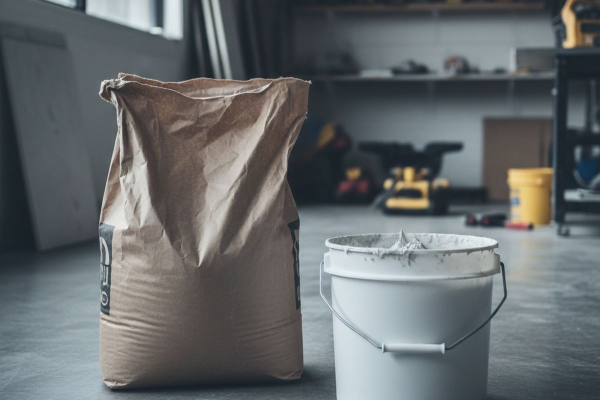 Bag of thinset and bucket of grout