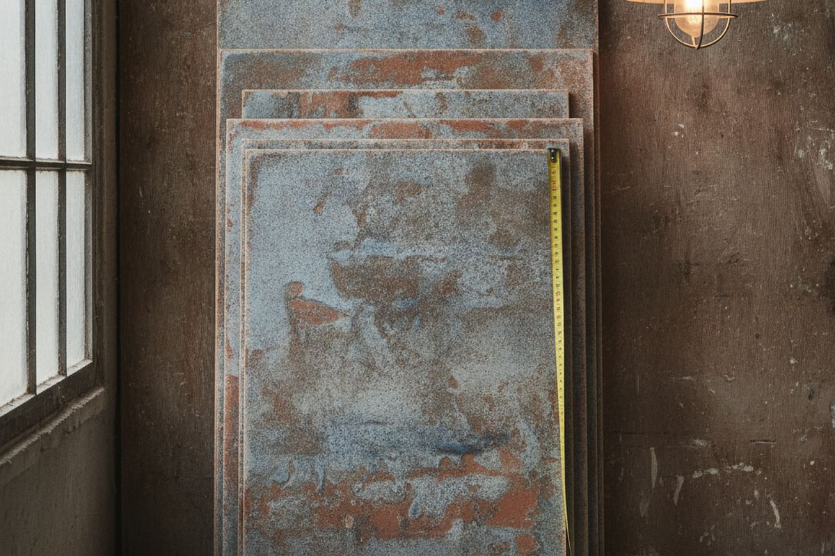 Stack of ceramic tiles with tape measure