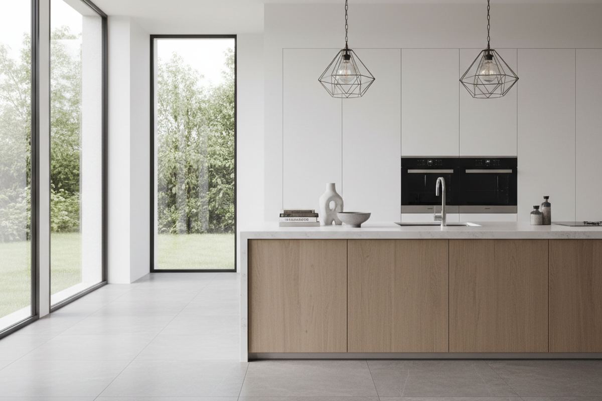 Modern kitchen with tile flooring
