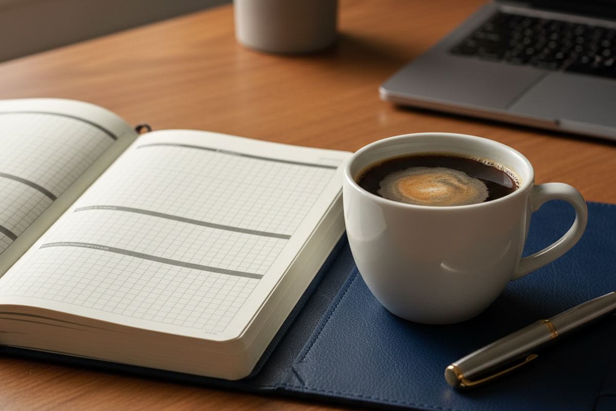Coffee cup on a decision journal