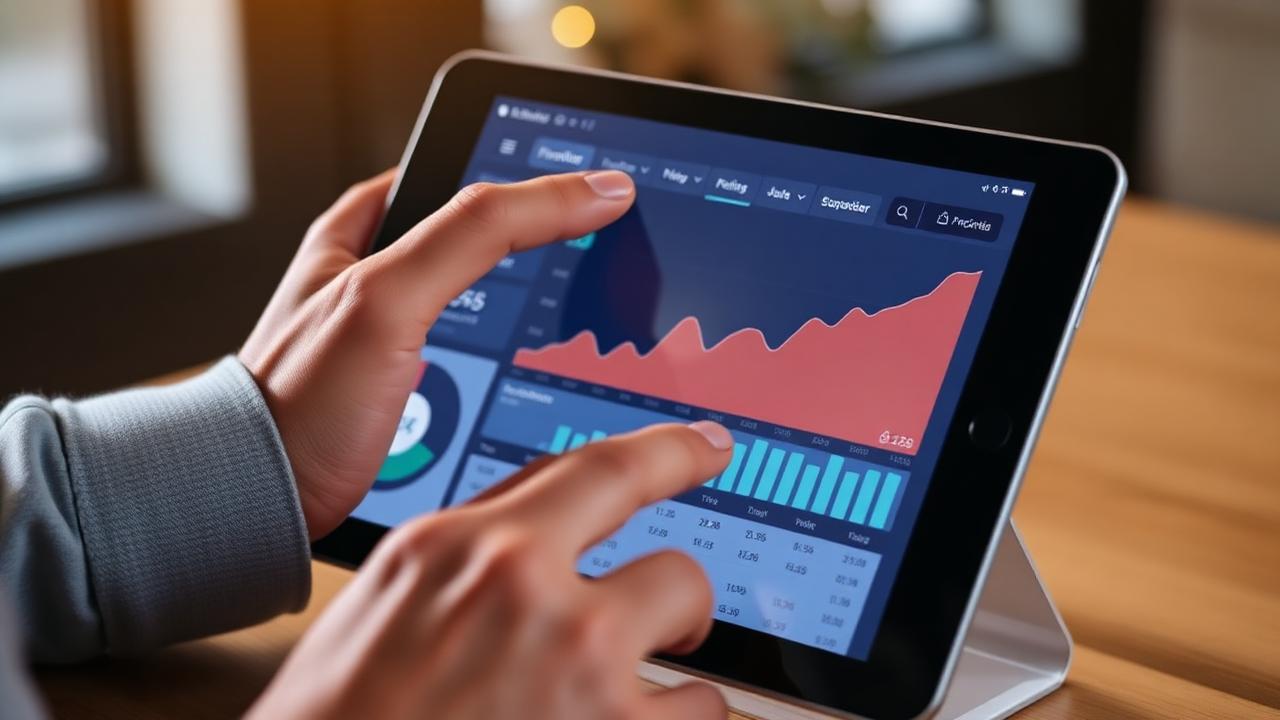 Hand updating a financial dashboard on a tablet
