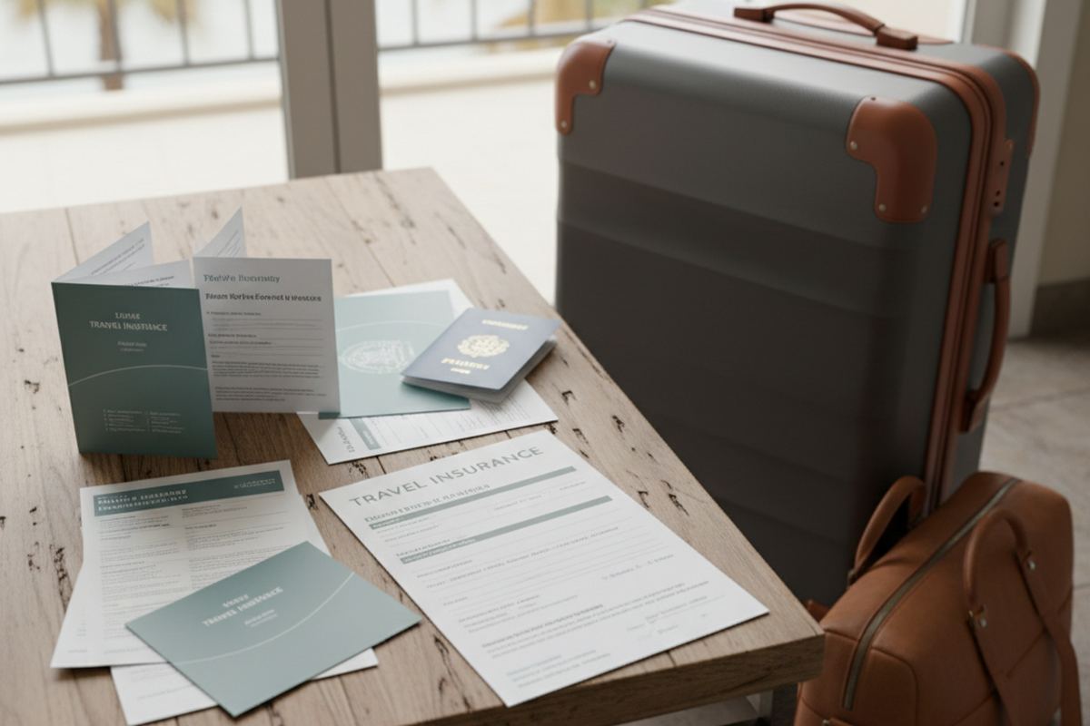 Travel insurance paperwork with luggage