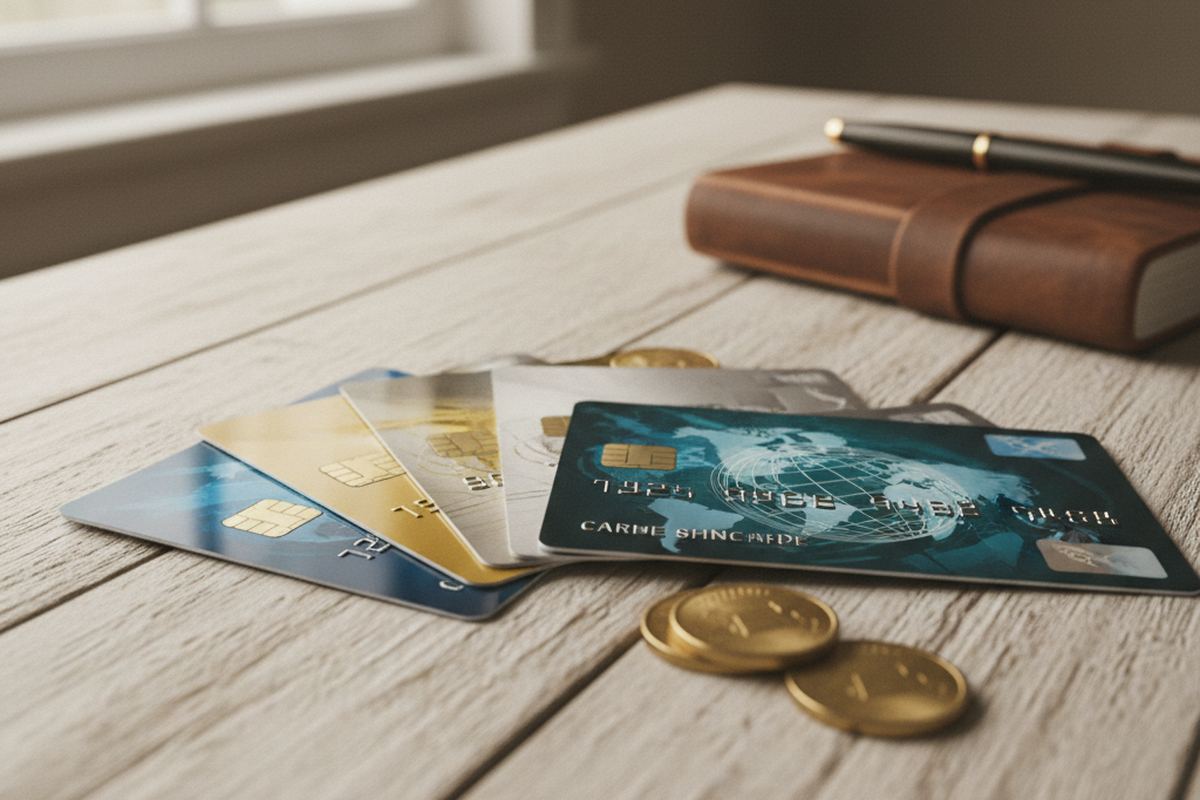 Travel rewards credit cards on a table