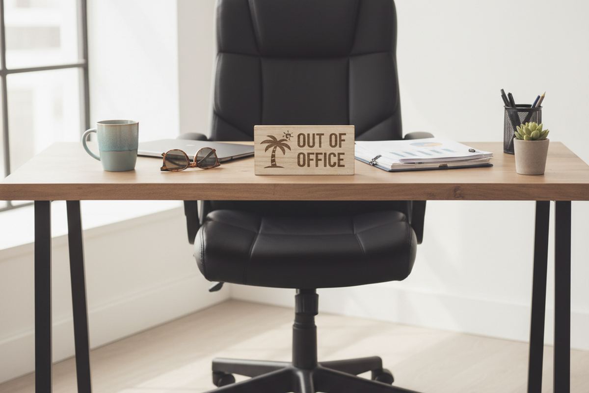 Empty office chair with vacation sign