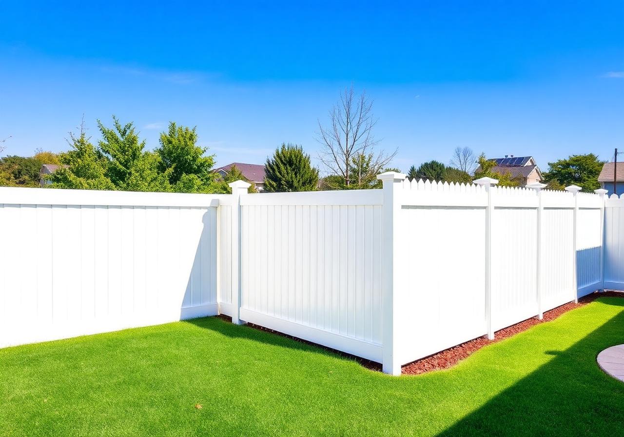 Bright white vinyl privacy fence around a manicured backyard