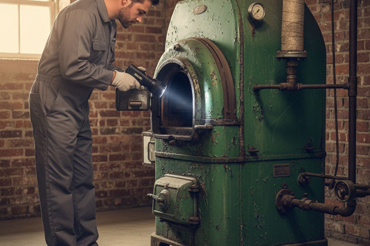 Old furnace being inspected