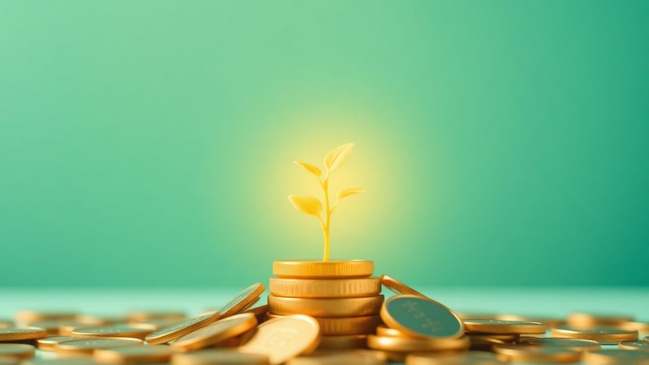 Glowing seedling growing from a stack of gold coins on a teal background