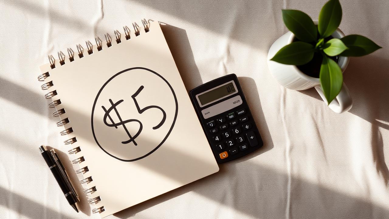 Notebook with a circled dollar figure next to a calculator and a small plant