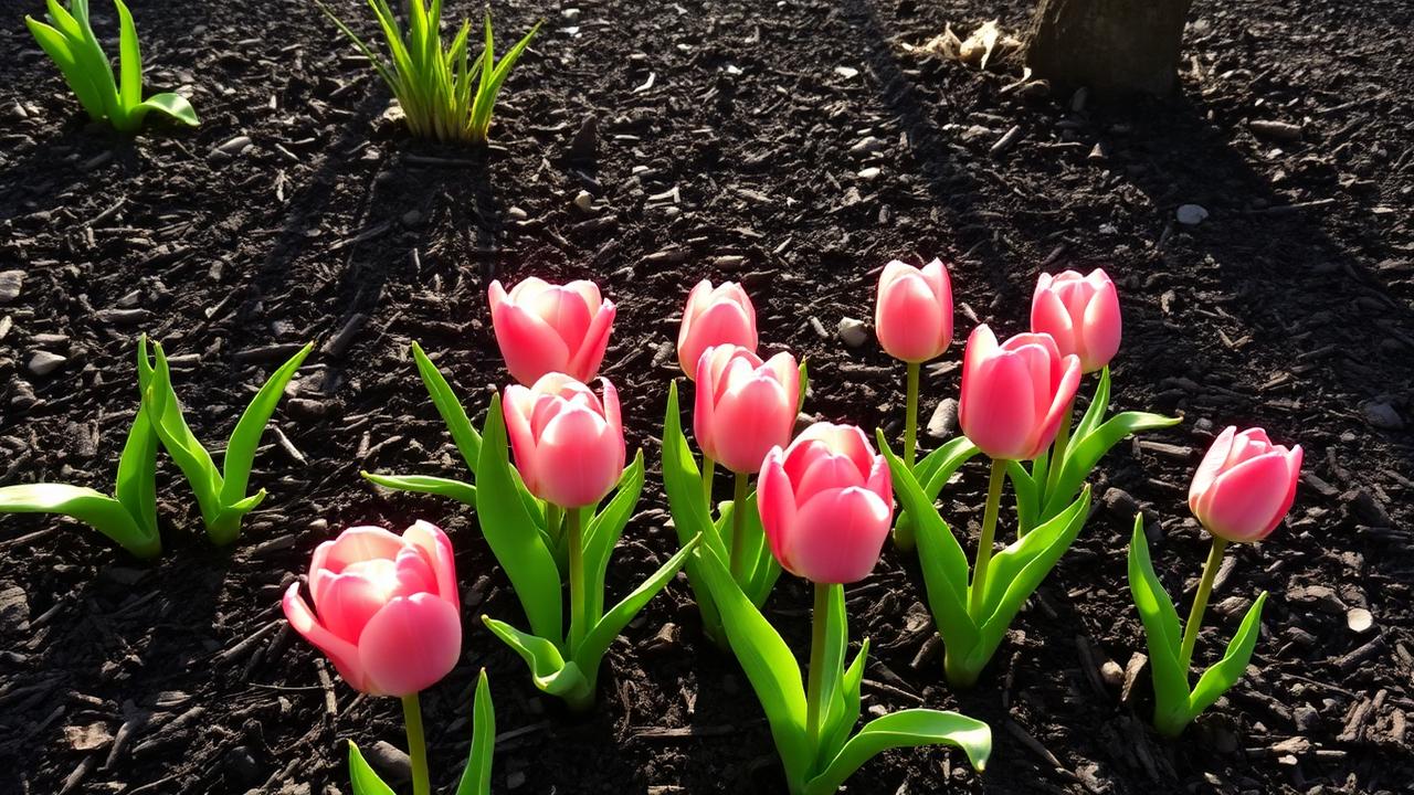 Pink tulips emerging through fresh dark mulch in a spring garden