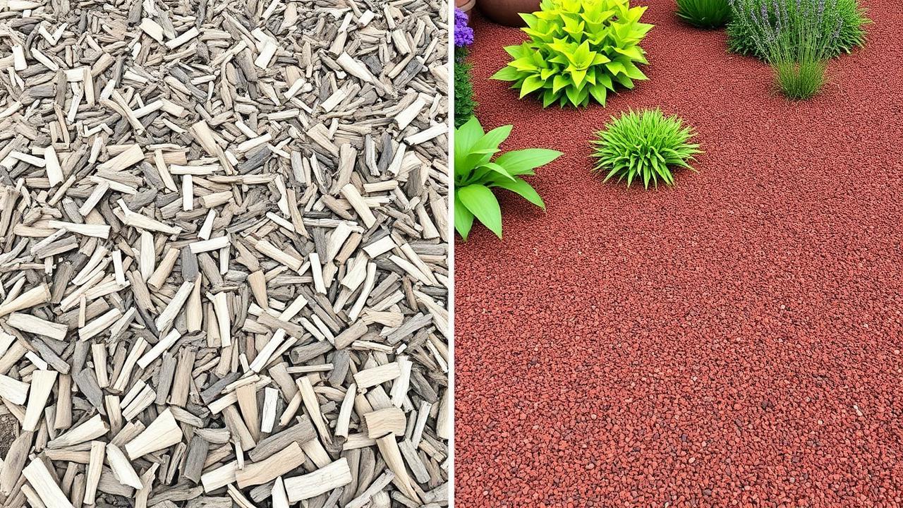 Comparison of natural wood mulch on left and red rubber mulch on right